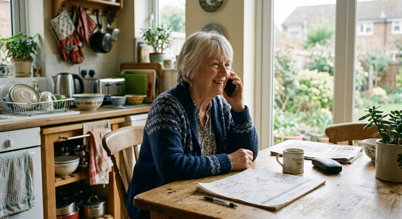 An older woman at her kitchen table, talking on the phone about an upcoming appointment