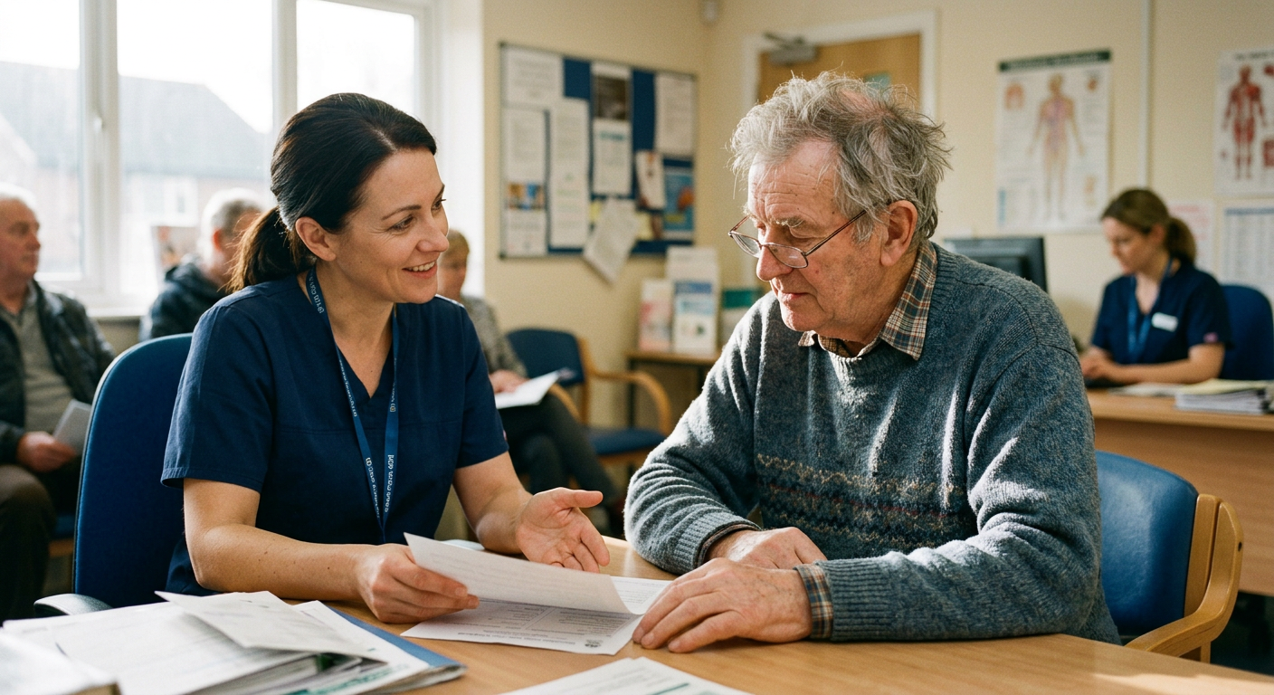 A nurse speaking with an older patient in a community clinic